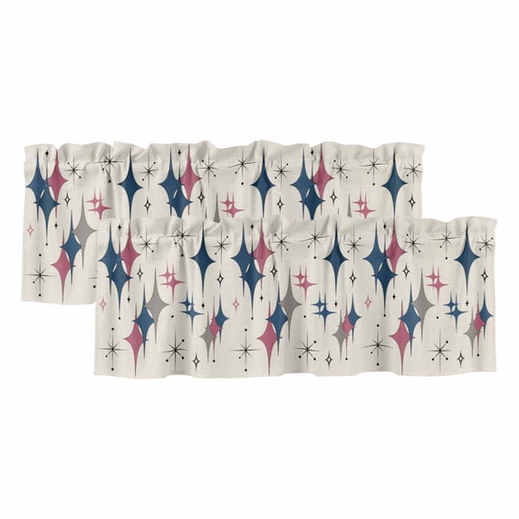 Red Blue Diamond Curtain Valances for Windows, Kitchen Valance Window Treatments Panel 2 Pack, Modern Geometric Middle Century Beige Rod Pocket Short Curtains for Bathroom Bedroom 42 x 18 Inch