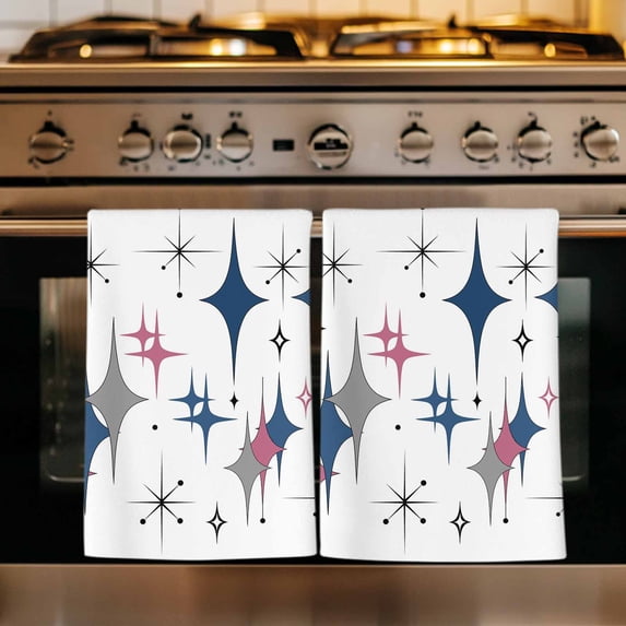 Red Blue Diamond Kitchen Towels Set of 4, Modern Geometric Middle Century White Absorbent Dish Towels for Kitchen, Microfiber Hand Towel, Quick Drying Tea Towel for Cleaning Decorative Dishcloths