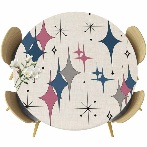 Red Blue Diamond Round Tablecloth, Fitted Table Cover with Elastic for 55"-60" Round Tables, Modern Geometric Middle Century Beige Table Cloth Outdoor Indoor Dinning Party Waterproof Tablecloths