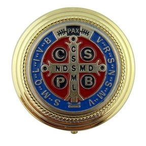 Red Blue Enamel Saint Benedict Medal on Brass Plated Host Pyx, Pack of 4, 2 1/4 Inch