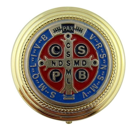 Red Blue Enamel Saint Benedict Medal on Brass Plated Host Pyx, Pack of 4, 2 1/4 Inch