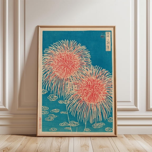 Red Blue Firework Japanese Woodblock Style Night Sky Art Unframed Paper Print