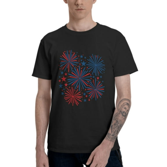 Red Blue Fireworks Men's T-Shirt Cotton 100% Summer Tops Fashion Casual Red Blue Fireworks Short Sleeves for Men Women Round Collar Top Tees