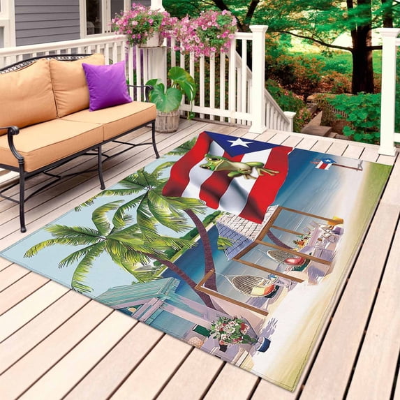 Red Blue Flag Outdoor Rug for Patio/Deck/Porch, Non-Slip Large Area Rug 5 x 7 Ft, Frog Star Summer Ocean Beach Palm Tree Indoor Outdoor Rugs Washable Area Rugs, Reversible Camping Rug Carpet Runner
