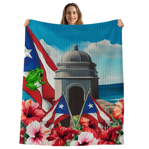 Red Blue Flag Throw Blanket, Flannel Fleece Blanket with Striped Design for Couch, Spring Floral Coastal Ocean Botanical Soft Breathable All Season Plush Blankets for Loveseat Sofa Bed 60"x80"