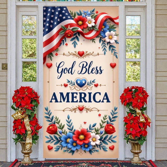 Red & Blue Floral God Bless America Banner Vintage  Patriotic Display Artistic Illustration USA Themed Background for Independence Day Celebration Patriotic Rally Home Decoration