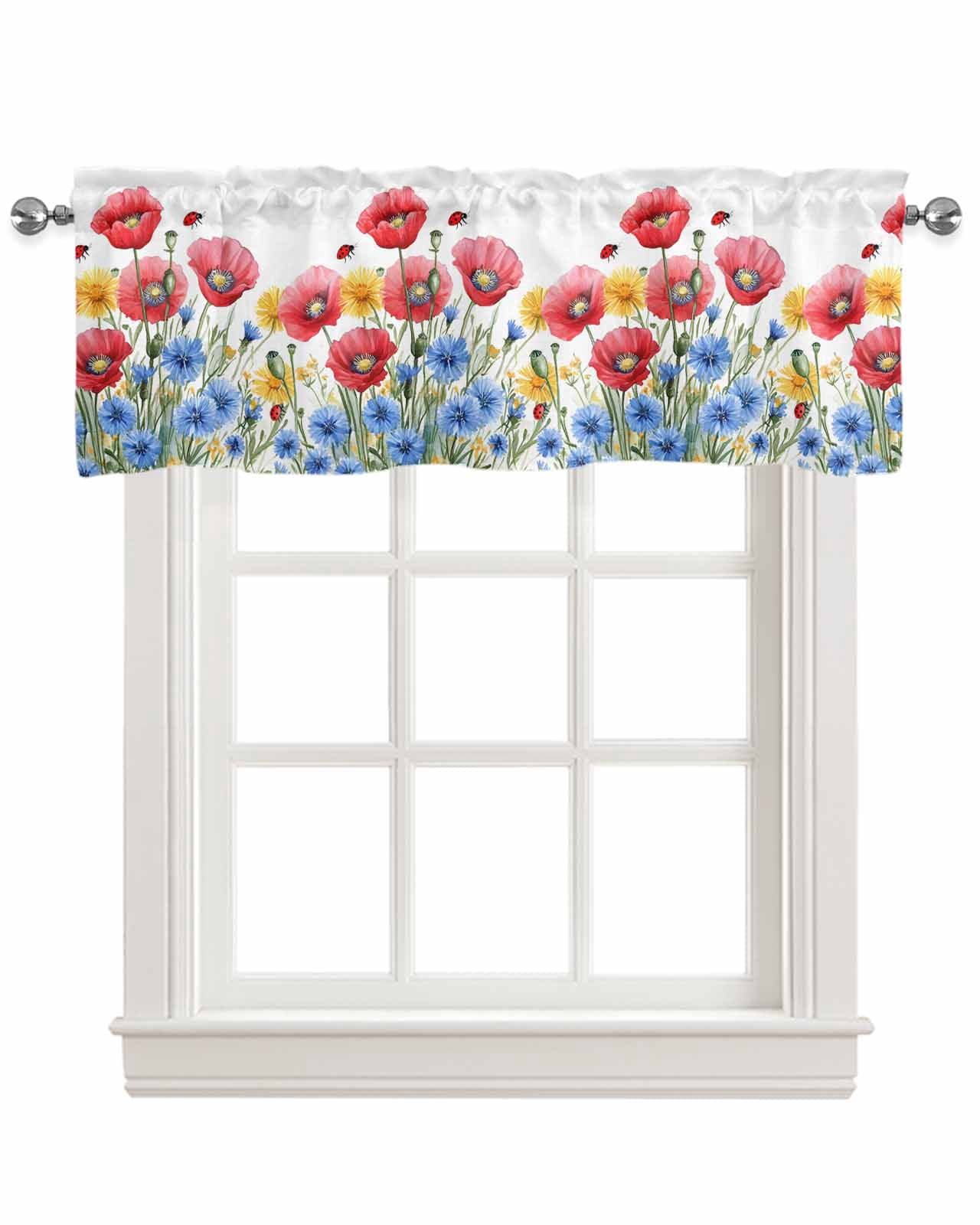 Red Blue Floral Kitchen Valances for Windows Farmhouse Linen Window Valance Curtain for Living Room Window Treatment Independence Day Watercolor Wildflower Valance Rod Pocket Topper, 60 x 18 Inch