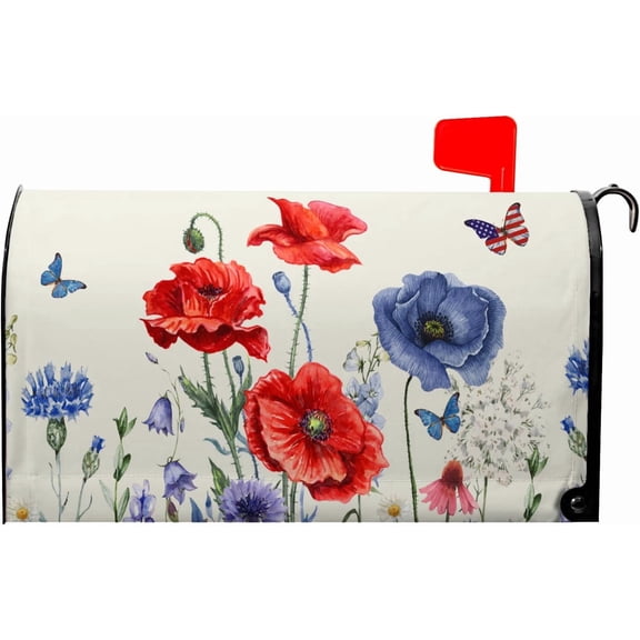 Red Blue Floral Mailbox Covers 4th of July Mail Box Covers Magnetic Standard Size 21x18 inch Patriotic Butterfly Flower Post Letter Box Cover Wrap Decorative Mailboxes for Outside Garden