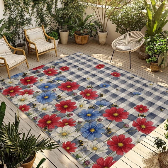 Red Blue Floral Outdoor Rug for Patio/Deck/Porch, Non-Slip Large Area Rug 5 x 7 Ft, Independence Day Flowers Black Buffalo Plaid Indoor Outdoor Rugs Washable Area Rugs, Camping Rug Carpet Runner