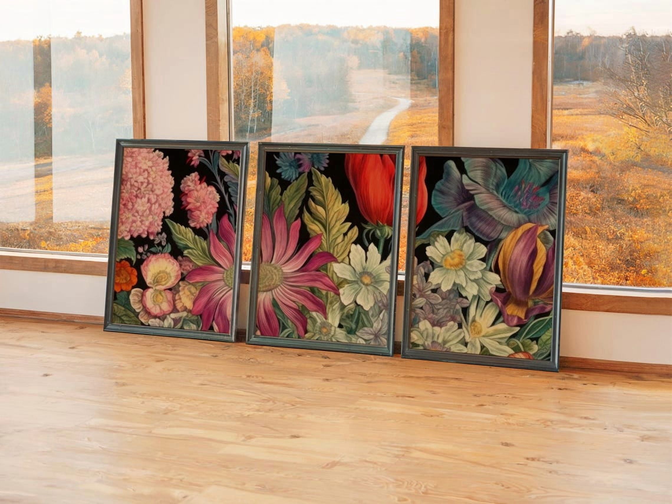 Red Blue Floral Prints Set Of 3, Bold Dark Botanical Living Room Wall ...