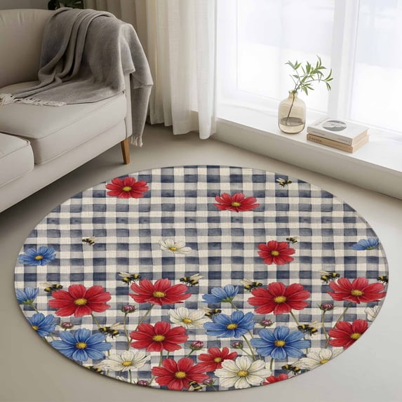 Red Blue Floral Round Area Rug 3.3Ft Washable Circle Rugs for Dining Room Table, Independence Day Flowers Black Buffalo Plaid Non-Slip Carpet Floor Mats Indoor Outdoor Carpet Runner Home Decor