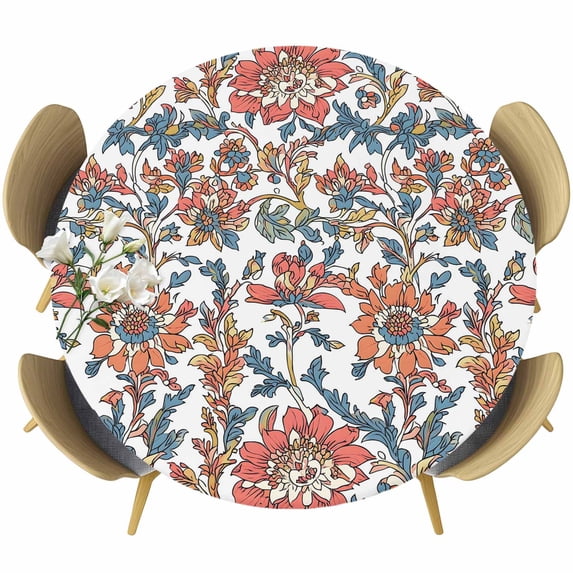 Red Blue Floral Round Tablecloth, Fitted Table Cover with Elastic for 55"-60" Round Tables, Modern Watercolor Flower Leaf Plant Table Cloth Outdoor Indoor Dinning Party Waterproof Tablecloths