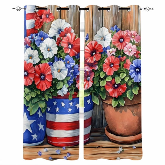 Red Blue Flower Blackout Curtains for Bedroom Living Room Darkening Curtains 63 Inches Long Retro Independence Day Flag Wood Grain Window Curtain 2 Panels Set Window Treatment Grommet Drapes 42"x63"