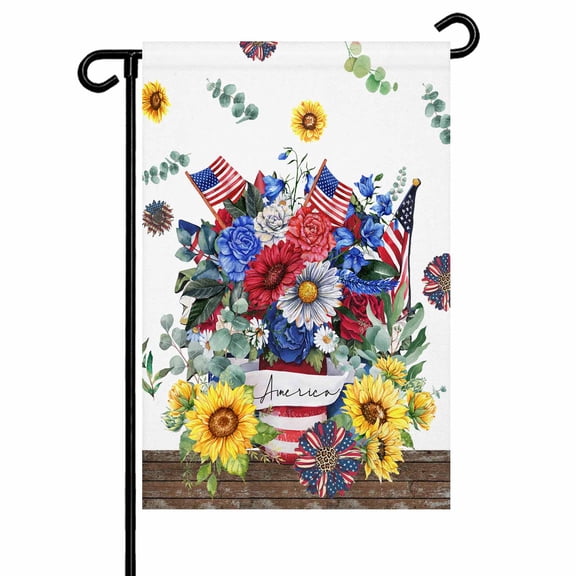 Red Blue Flower Garden Flag 12x18 Inch Sunflower USA Flag Eucalyptus Leaf Double Sided Small Decorative Garden Flags for Outside, Outdoor Yard Porch Lawn Decoration