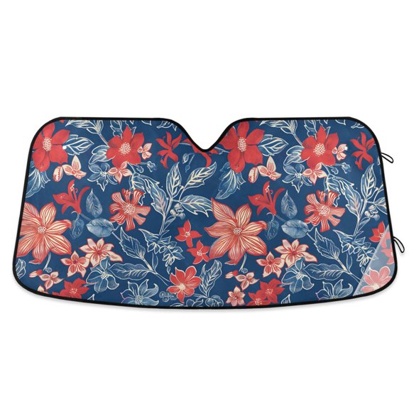 Red Blue Flower Leaf Car Windshield Sun Shade Foldable Car Front Window Visor Heat and UV Protection 53x23.5