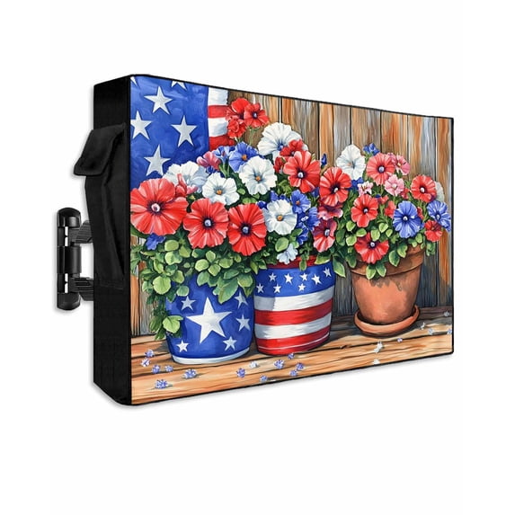Red Blue Flower Outdoor TV Cover 70 to 75 Inch Weatherproof, Retro Independence Day Flag Wood Grain 600D Oxford TV Covers with Waterproof Zipper, Outside Flat TV Screen Protector Size 68"Wx42"Hx4.5"D