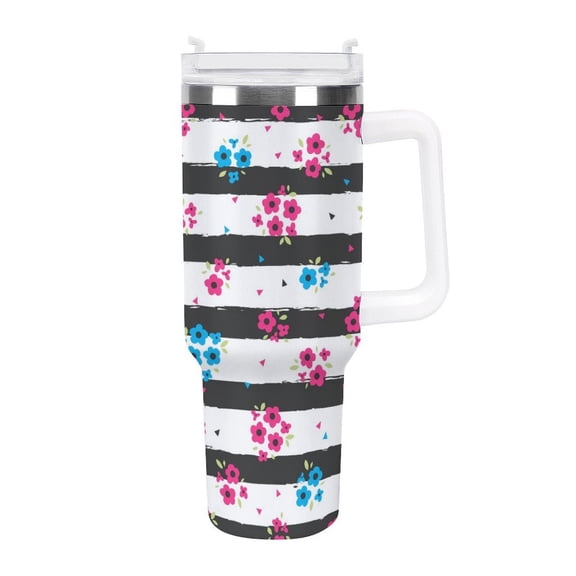 Red Blue Flower Stripe 40 Oz Tumbler with Handle and Straw Lid, Stainless Steel Insulated Travel Coffee Mug, Vacuum Insulated Water Bottle for Home, Office, Car, Keep Hot/Cold for Hours