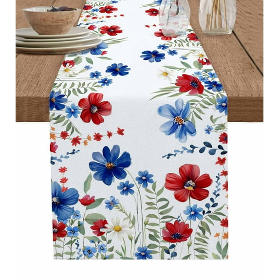 Red Blue Flowers 4th of July Burlap Cotton Table Runner 13x108 Inches Long, Independence Day Botanical Farmhouse Table Runners, Outdoor Dining Tablecloths Decor for Baby Shower/Party/Wedding