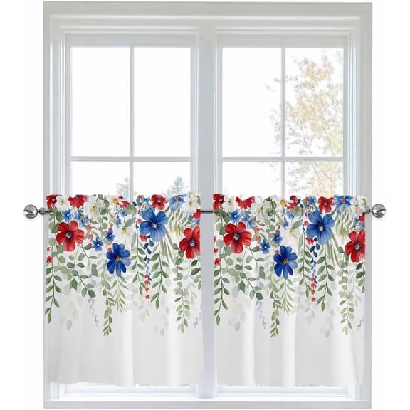 Red Blue Flowers 4th of July Half Window Curtain 36 Inches Long, Independence Day Botanical Window Treatment Curtain Drapes, Small Tier Curtains for Bathroom Over Sink, 27.5"x36", 2 Panels