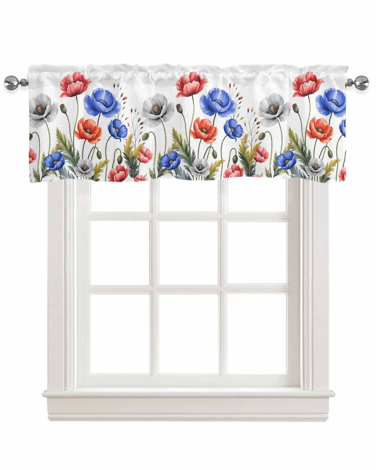 Red Blue Flowers Kitchen Valances for Windows Farmhouse Linen Window ...