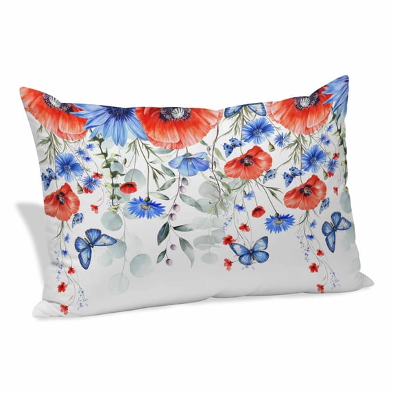 Red Blue Flowers Pillow Covers, Linen Long Throw Pillow Case, Spring Floral Elegant Pastoral Watercolor Holiday Pillow Protector Decorative Cushion Cover for Living Room/Bedroom 20" x 36"
