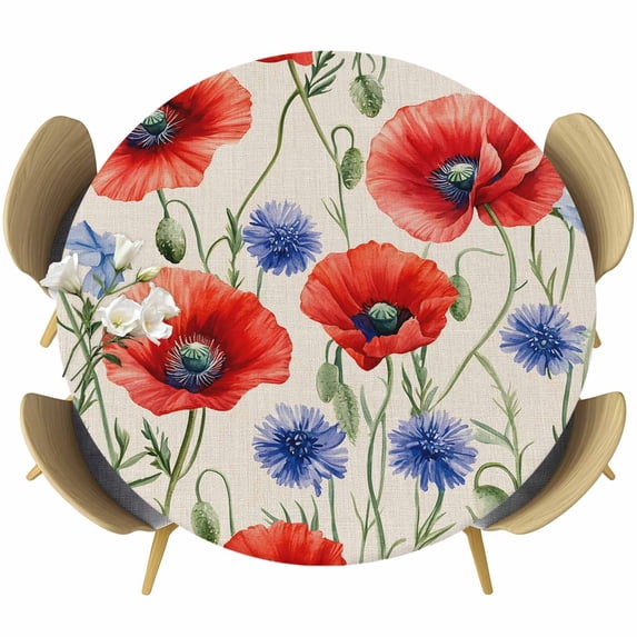 Red Blue Flowers Round Tablecloth 36-44 Inch Round Fitted Table Cloth with Elastic Edge, Patriotic Poppy Floral Summer Country Waterproof Table Cover Protector for Outdoor Picnic Party Dining