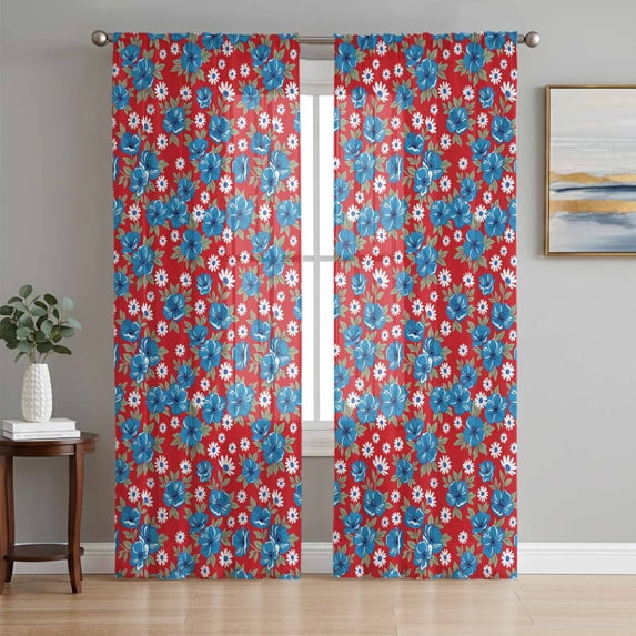 Red Blue Flowers Rustic Sheer Curtains 72 Inch Length 2 Panels Set, Farmhouse Botanical Floral Voile Window Treatment Rod Pocket Curtains Sheers Drapes for Bedroom/Living Room/Kitchen 52"x72"x2