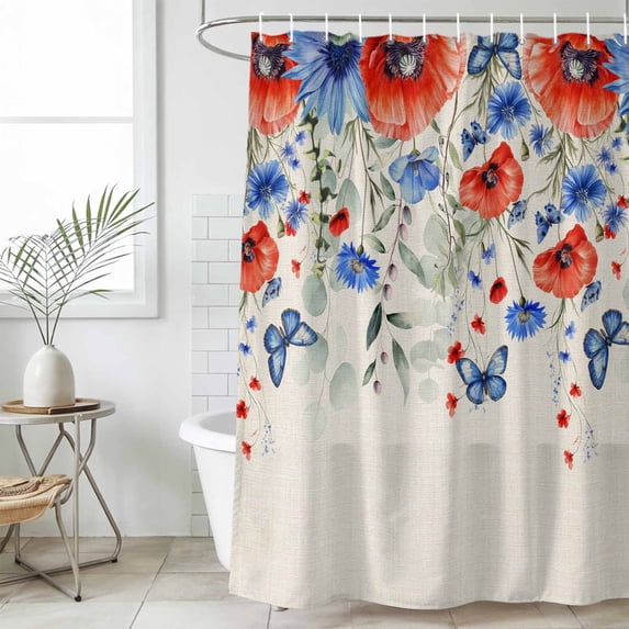 Red Blue Flowers Shower Curtain Set, Waterproof Shower Curtains for Bathroom, Spring Floral Farmhouse Botanical Rustic Washable Fabric Bath Curtain for Bathtub Decoration with Hooks 66x72 Inches