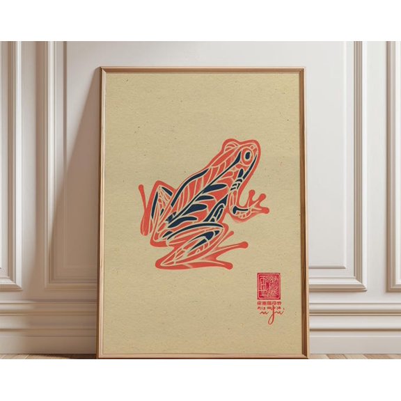 Red Blue Frog Linocut Folk Animal Illustration Graphic Nature Wall Art, Unframed Paper Poster 16x20in