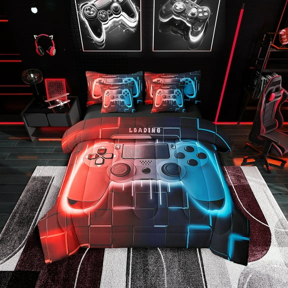 Red Blue Gaming Comforter Set 7 Piece Bed in a Bag Twin,Gamer Bedding Sets Neon Lights Abstract Geometry Sheet Set with Comforter Gamer Room Decor