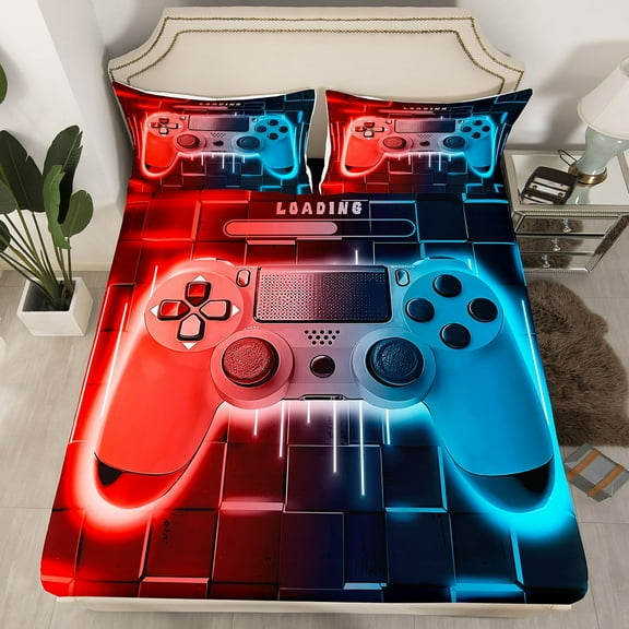 Red Blue Gaming Fitted Sheet Gamer Bed Sheets Twin,Neon Lights Abstract Geometry Sheets Gamer Room Decor s(No Top Sheet)