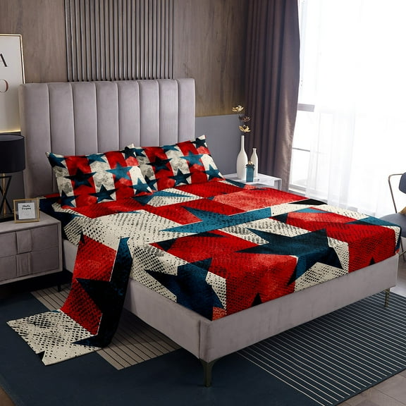 Red and Blue Geometric Bed Sheets Set Queen Size,Retro Grunge Star Striped Bedding Set Adults Room Decor,Vintage Abstract Geometry Sheets Colorful Fitted Sheet Set 4Pcs