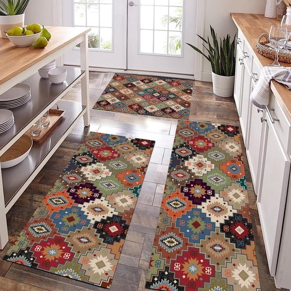 Red Blue Geometric Diamond Rug Colorful Patchwork Rugs Boho Rugs Farmhouse Kitchen Rugs Sets 3 Piece with Runner Soft Kitchen Carpets and Rug Non Slip Washable for Entryway Front Door Laundry