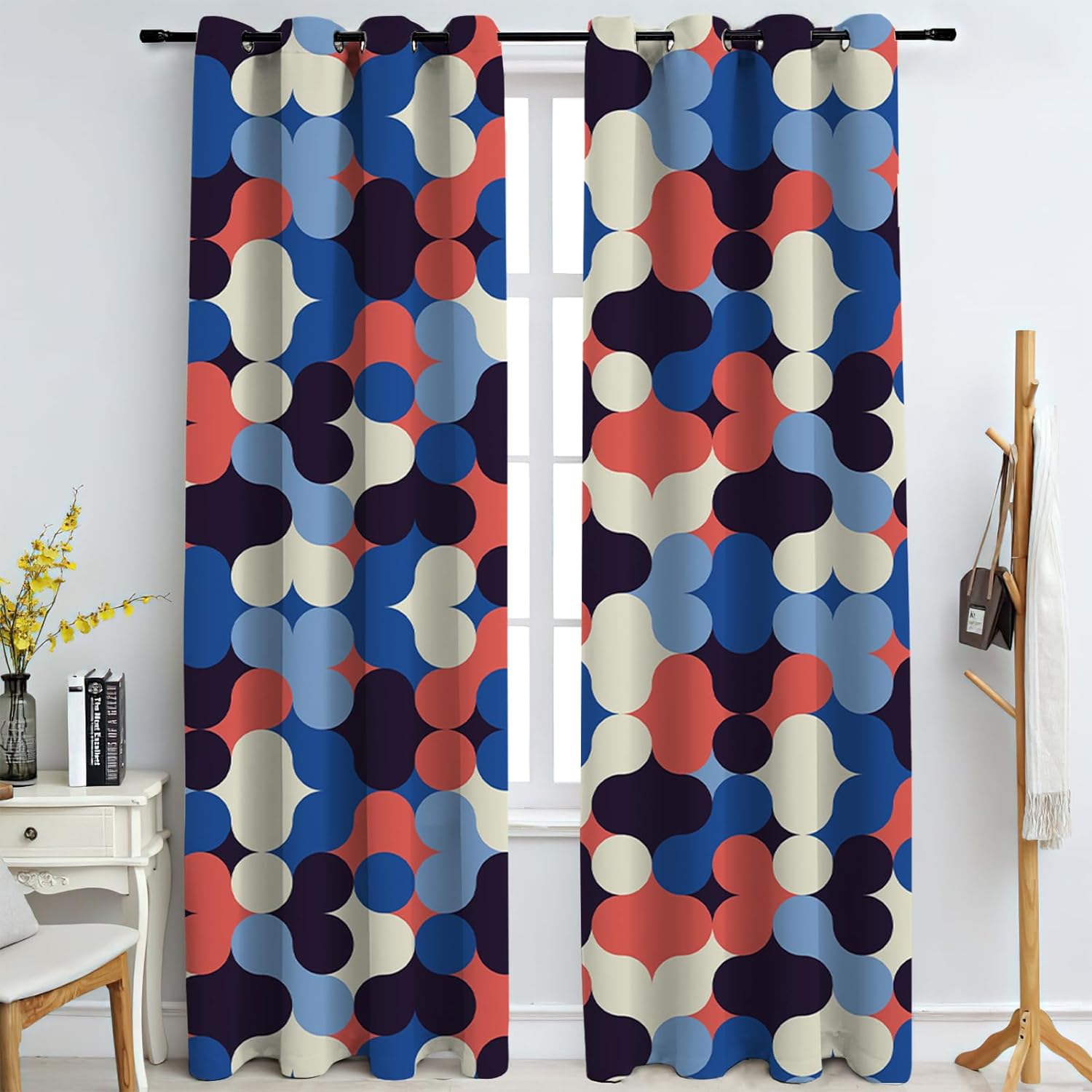 Red Blue Geometry Thermal Insulated Drapes, Modern Design Blackout