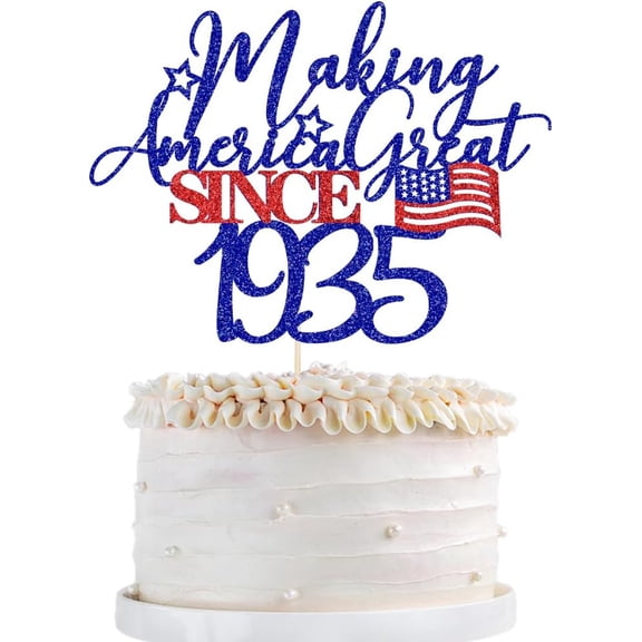 Red Blue Glitter Making America Great Since 1935 Cake Topper, USA Flag Star Patriotic Theme Cake Pick for 1935 Born Birthday Party Decor 1 Pack