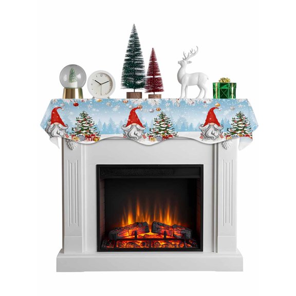 Red Blue Gnomes Christmas Mantel Scarf Fireplace Decorations for Living Room, Snowflake Xmas Tree Gifts Winter Fireplace Mantel Scarf Cover Runner for Halloween/Thanksgiving/Christmas Decor 60"x17"