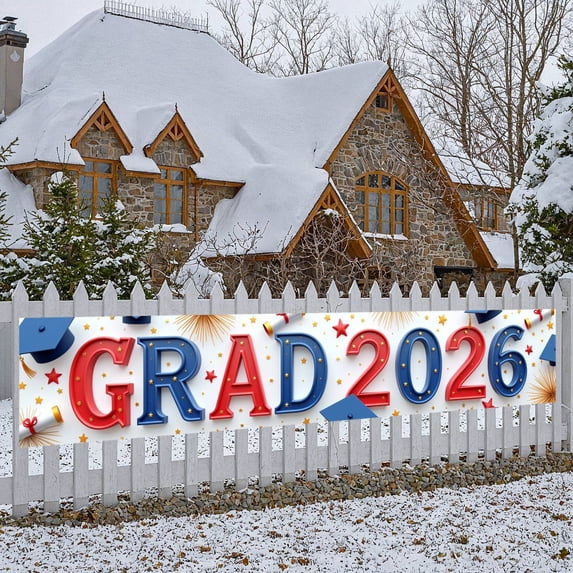 Red and Blue Grad 2026 Banner Gold Stars Graduation Display Graduation Caps Diploma Scrolls 2026 Grad Backdrop for Graduation Ceremony High School Graduation Graduation Photo Backdrop