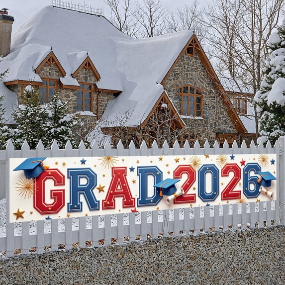 Red and Blue Grad 2026 Banner Gold Stars Graduation Display Graduation Caps Diploma Scrolls 2026 Grad Backdrop for Graduation Ceremony High School Graduation Graduation Photo Backdrop