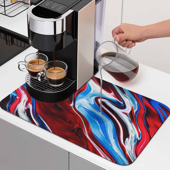 Red Blue Gradient Marble Dish Drying Mats for Kitchen Counter, Abstract Ombre Wave Stone Texture Absorbent Coffee Bar Mat with Non-slip Rubber Backed Quick Drying Dish Rack Pad 12"x16"