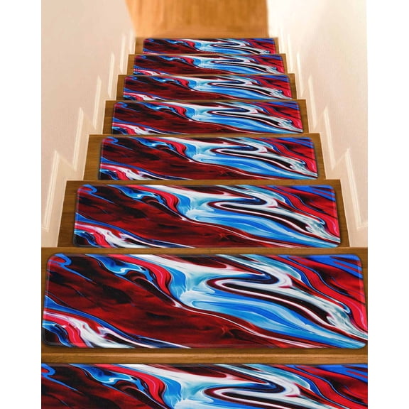 Red Blue Gradient Marble Stair Treads Abstract Ombre Wave Stone Texture Indoor Non Slip Peel and Stick Stair Treads for Wooden Steps 15 PCS, Soft Adhesive Staircase Mats Runner Rugs 8"x30"