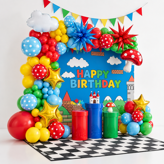 Red Blue Green Yellow Balloon Garland Kit with Cloud Mushroom Star Balloons for Gamer Theme Parties