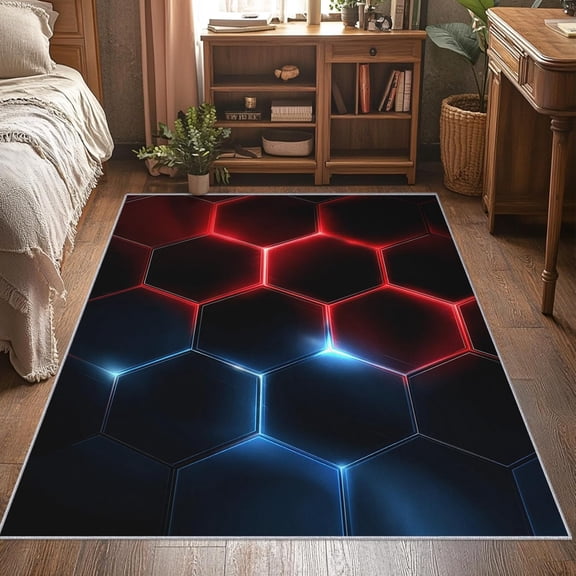 Red Blue Hexagon Area Rug, Geometric Honeycomb Pattern Carpet, Washable Non Slip Low Pile Soft Thin, Living Room Bedroom Home Decor Mat 2x3ft