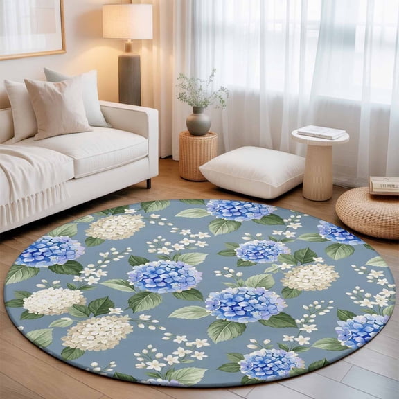 Red Blue Hydrangea Washable Round Area Rug 3 ft, Floral Countryside Spring Summer, Soft Non Slip Rugs Stain Repellent Indoor Felt Carpet for Living Dining Room Bedroom Home Office