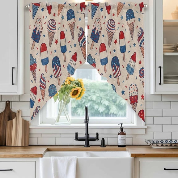Red Blue Ice Cream Swag Curtain Valance for Windows, Independence Day Cartoon Ice Cream Linen Texture Window Treatments Short Swag Topper for Kitchen Windows Bathroom Bedroom, 36"x63"