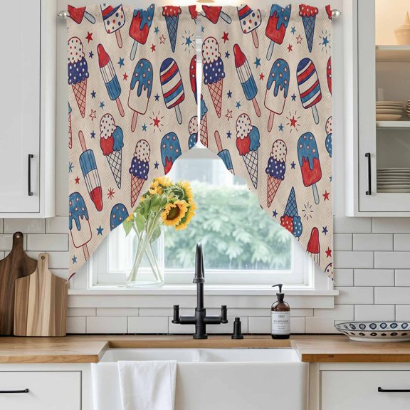 Red Blue Ice Cream Swag Curtain Valance for Windows, Independence Day Retro Ice Cream Linen Texture Window Treatments Short Swag Topper for Kitchen Windows Bathroom Bedroom, 36"x45"