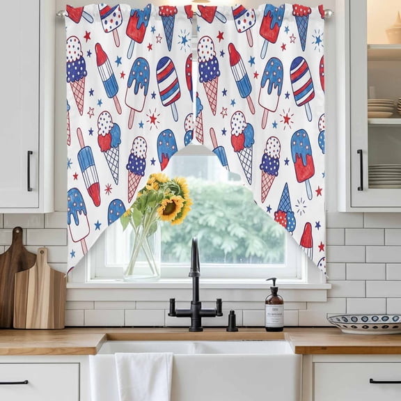 Red Blue Ice Cream Swag Curtain Valance for Windows, Independence Day Retro Ice Cream Window Treatments Short Swag Topper for Kitchen Windows Bathroom Bedroom, 36"x63"