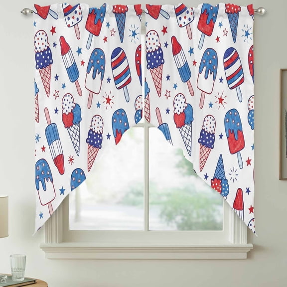 Red Blue Ice Cream Swag Kitchen Curtain Valances, Independence Day Retro Ice Cream Rod Pocket Curtains Window Treatment Decor Valances for Bedroom Bathroom, 2 Panels 36 x 63 Inch