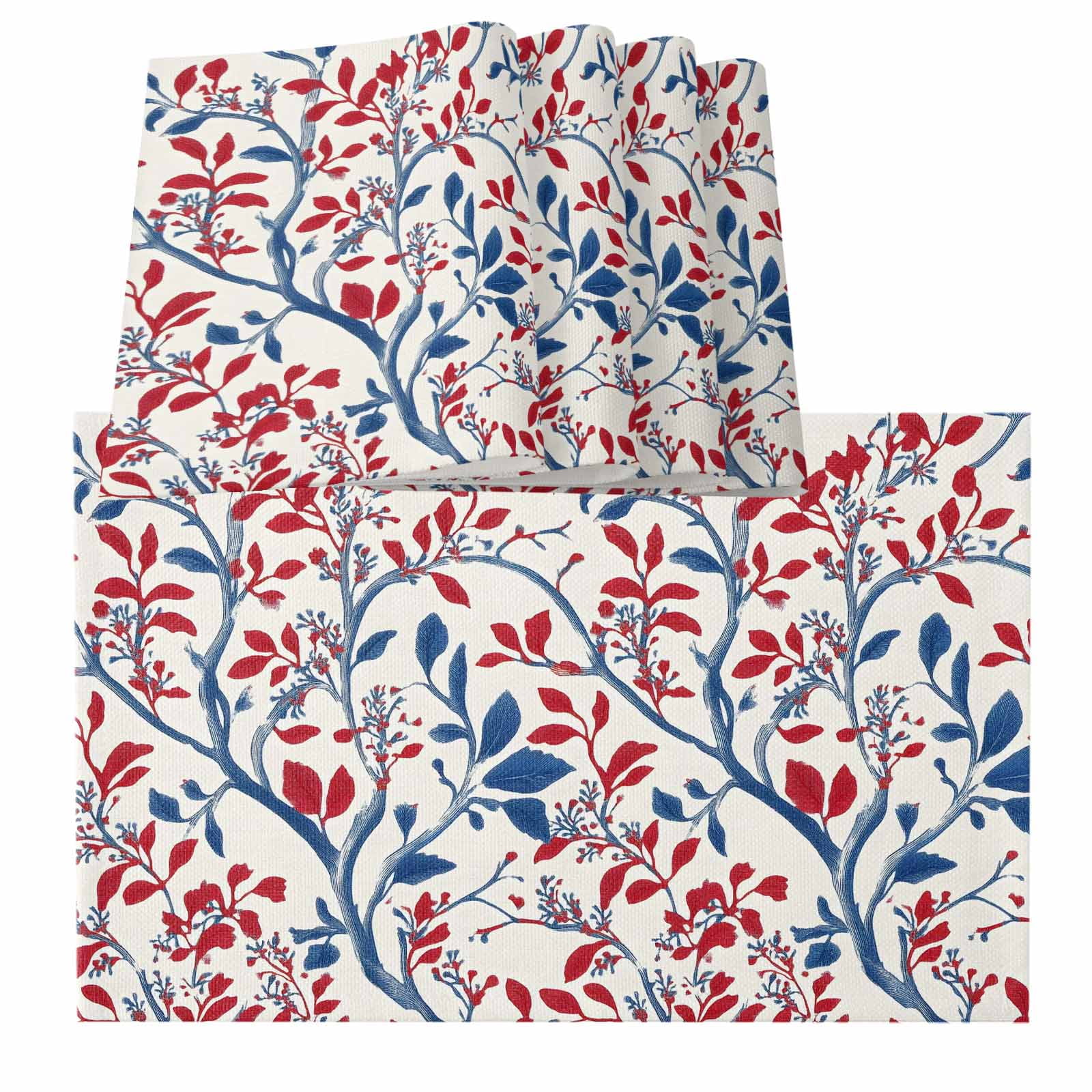 Red Blue Leaf Summer Vintage Botanical Branch Burlap Kitchen Place Mats ...