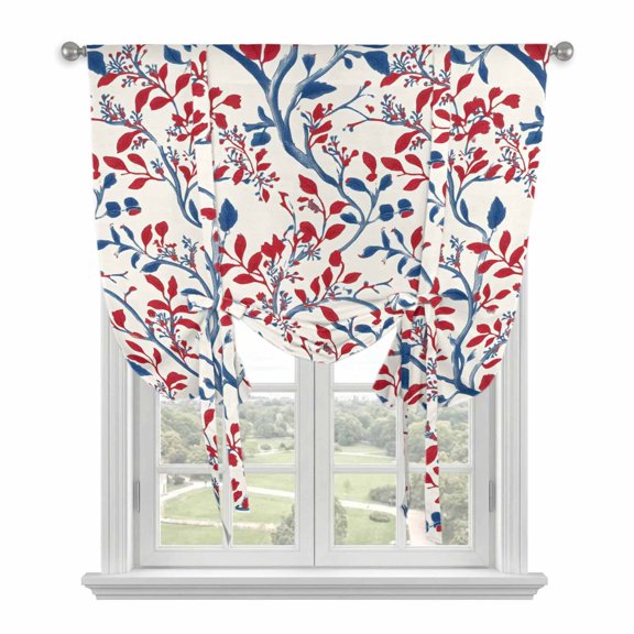 Red Blue Leaf Tie Up Curtains for Windows, Adjustable Rod Pocket Valance Shade, Summer Vintage Botanical Branch Light Filtering Window Treatment for Kitchen Bedroom Living Room 34"x 45"