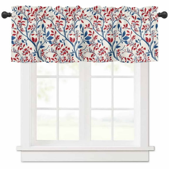 Red Blue Leaf Valances for Windows Farmhouse Kitchen Curtains Valances Rod Pocket Valance Curtains for Kitchen Windows Summer Vintage Botanical Branch Window Valances for Bathroom Bedroom 60"x18"
